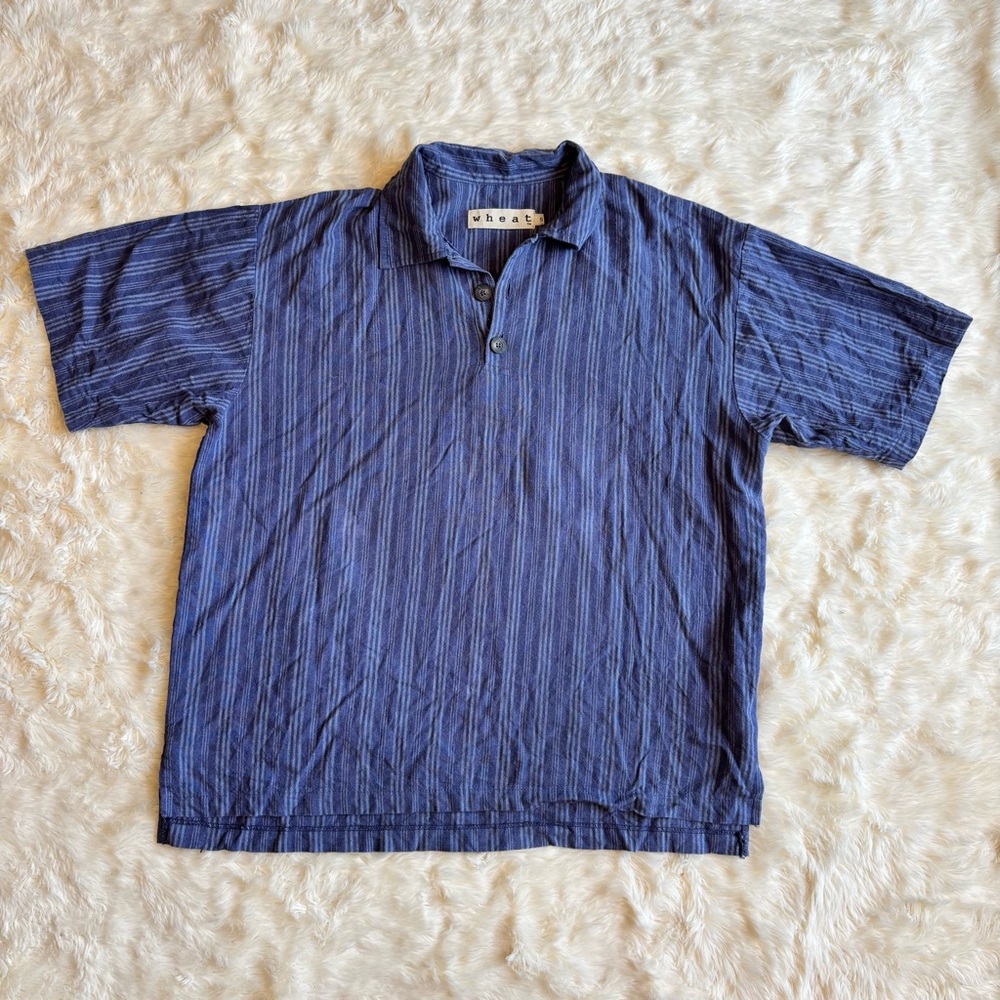 Wheat Textured Linen Blend Blue Pin Striped Short Sleeve Polo Shirt Mens Small